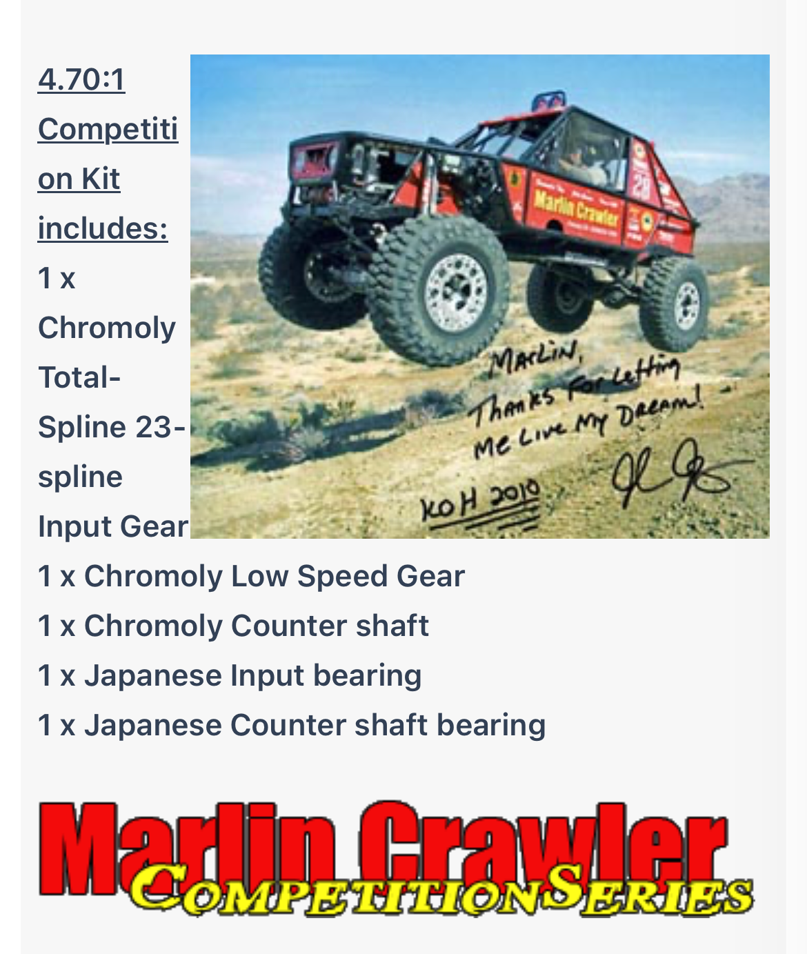 Marlin Crawler 4.70:1 competition grade kit